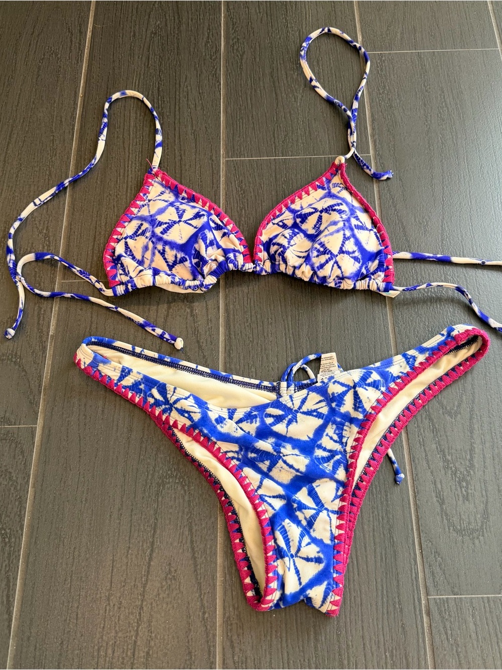 Blue Tie-Dye Triangle Bikini with Pink Trim